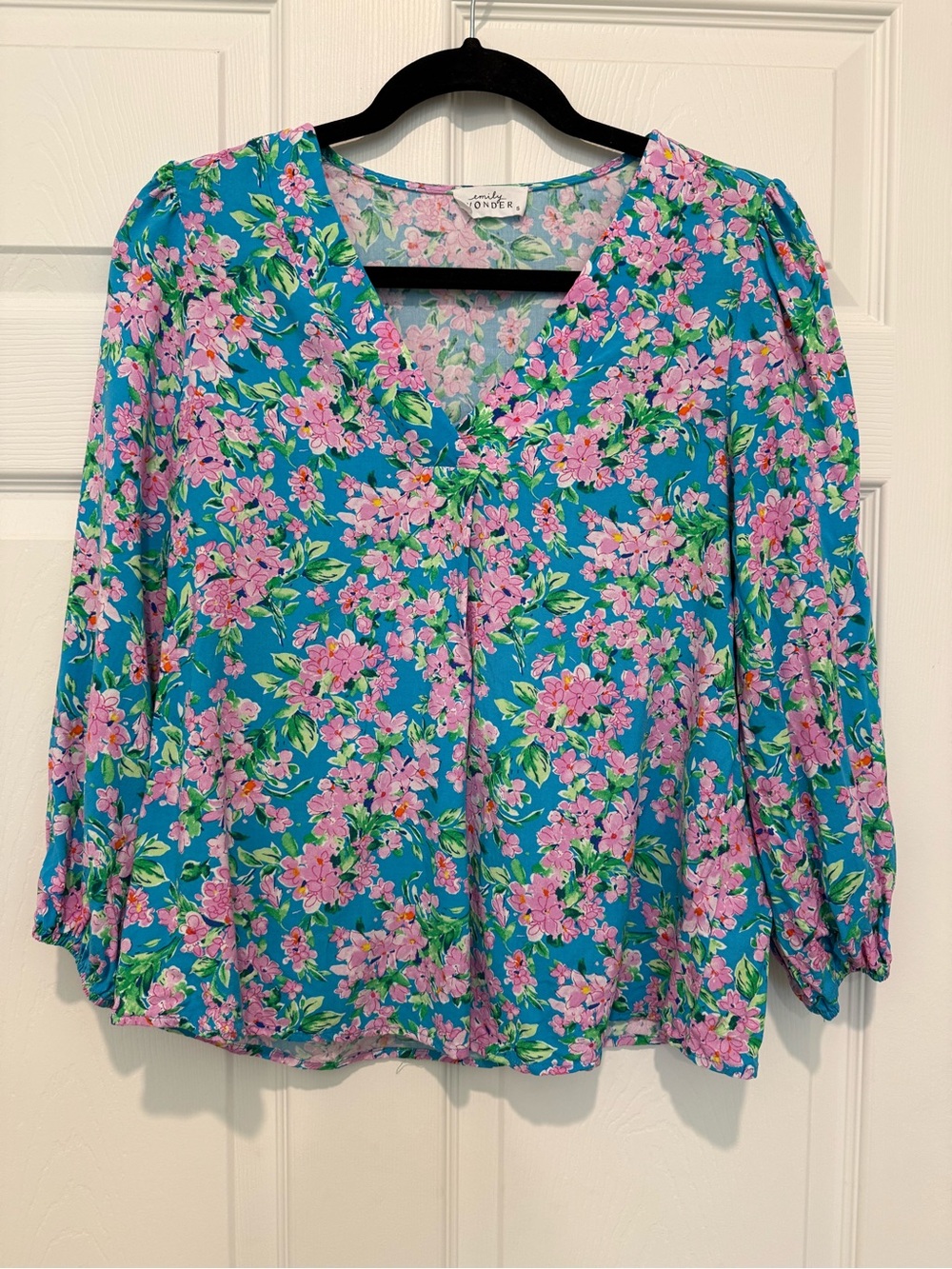 Emily Wonder Teal Floral V‑Neck Blouse with Pink Blossoms